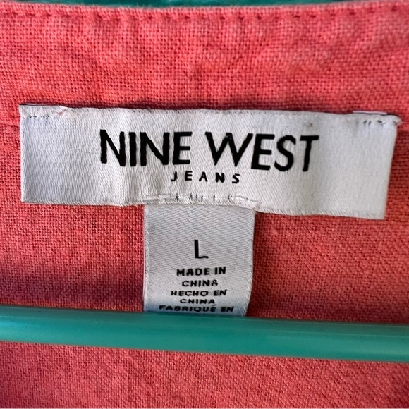 LINEN V-NECK ROLL TAB SLEEVES BUTTON DOWN TUNIC TOP SALMON HIGH LOW SIZE LARGE - Picture 2 of 6